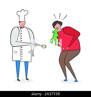 Le cuisinier a préparé la mauvaise nourriture et l'homme vomit. Vector illustration. Contours noirs, de couleur et de fond blanc. Illustration de Vecteur