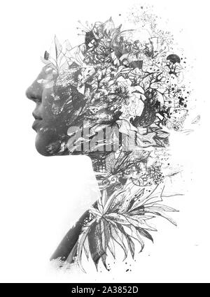 Paintography. Double Exposure of woman's profile se dissoudre dans les feuilles à la main, noir et blanc Banque D'Images