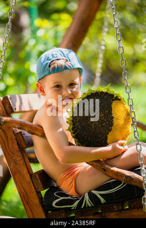 Little Boy holding tête de tournesol mûres. Mignon petit garçon dans une casquette de baseball est assis sur une balançoire Banque D'Images