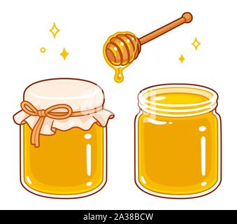 Hand drawn cartoon style jeu de miel. Bocal en verre avec couvercle couvrir liés avec de la ficelle. Balancier en bois avec une cuillère de miel liquide dégoulinant. Vector clip isolé ar Illustration de Vecteur