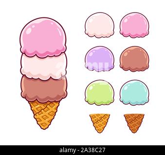 Caricature de la crème glacée jeu constructeur avec des boules de glace et les cônes alvéolés. Vanille, Fraise, Chocolat et autres saveurs glace italienne traditionnelle. Illustration de Vecteur