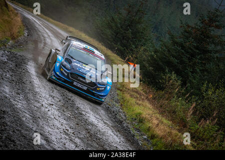 Pontus Tidemand (Suède) en passant par l'étape de Myherin Wales Rally GB en 2019 Ford Fiesta RS WRC World Rally Car Banque D'Images