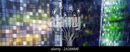 Serveur Smart concept. IOT Internet des objets. Tic Technologies de l'information et des communications. Diagrammes avec icônes de salle serveur digital origines. Banque D'Images