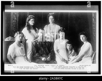 La famille royale russe. La famille impériale. Assis : la Grande Duchesse Olga ; le tsar ; THEGRAND duchesse Anastasia ; LE CZAREVITCH ALEXIS ; la grande duchesse Tatiana. L'article : LA GRANDE-DUCHESSE MARIE ; la tsarine Banque D'Images