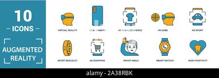 Ar et Vr icon set. Éléments de création : réalité augmentée, 360 avis, la reconnaissance du visage, les lunettes de réalité augmentée, des icônes. Peut être utilisé Illustration de Vecteur