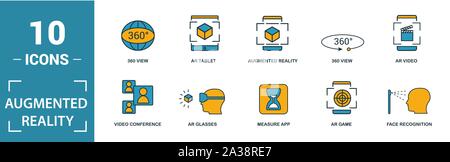 Ar et Vr icon set. Éléments de création : réalité augmentée, 360 avis, la reconnaissance du visage, les lunettes de réalité augmentée, des icônes. Peut être utilisé Illustration de Vecteur