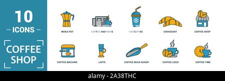 Coffe Shop icon set. Éléments de création : les grains de café, cappuccino, machine à café, bouilloire pour café glace, rendez-vous sur les icônes. Peut être utilisé pour rapport Illustration de Vecteur