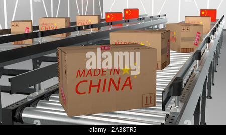 Les paquets en carton Made in Cina sur convoyeur Banque D'Images