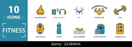 Icon Set de remise en forme. Inclure des éléments créatifs en piscine, brûler des calories, de l'eau, la malbouffe, la restauration d'icônes. Peut être utilisé pour rapport, présentation Illustration de Vecteur