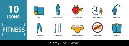 Icon Set de remise en forme. Inclure des éléments créatifs en piscine, brûler des calories, de l'eau, la malbouffe, la restauration d'icônes. Peut être utilisé pour rapport, présentation Illustration de Vecteur