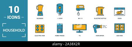 Ménage icon set. Inclure des éléments créatifs accueil d''un réfrigérateur, plaque électrique, ventilateur, lave-vaisselle, bain-marie d'icônes. Peut être utilisé pour rapport, présentation Illustration de Vecteur