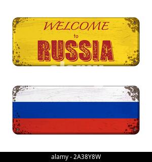 Deux plaques grunge avec la Russie d'un drapeau et d'un texte de bienvenue Illustration de Vecteur