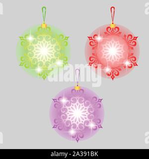 Esquisses avec des décorations de Noël sous forme de flocons isolé sur fond gris. Baubles fête colorée. De l'affiche, le modèle d'invitation, d'autres Illustration de Vecteur