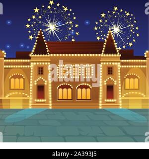 Feux d'artifice sur la place du vieux château royal. Exemple d'affiche, invitation de fête, bannière de fête, carte. Illustration de gros plan de dessin animé vectoriel Illustration de Vecteur