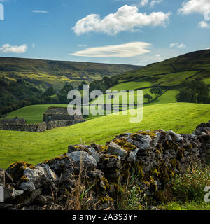 Le paysage magnifique de Swaledale dans belle lumière avec pittoresque vieille granges et murs en pierre sèche, Yorkshire Dales National Park Banque D'Images