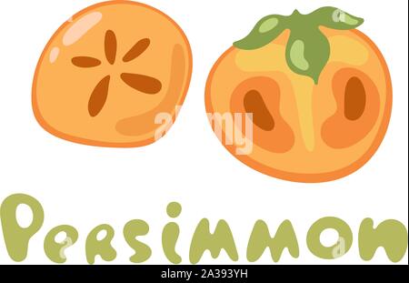 Vector illustration lumineuse colorée et de son ensemble de juicy kaki. Dessin animé frais persimmon isolé sur fond blanc. Confiture ou jus de logotype. Illustration de Vecteur