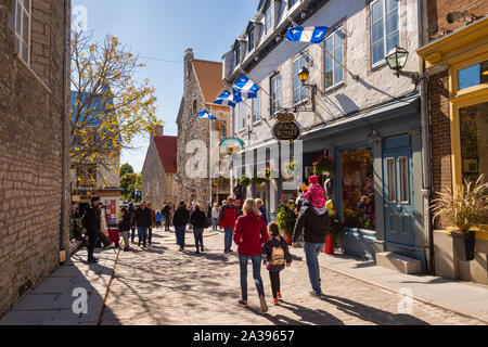 La ville de Québec, Canada - 5 octobre 2019 : drapeaux du Québec sur la rue Notre-Dame. Banque D'Images