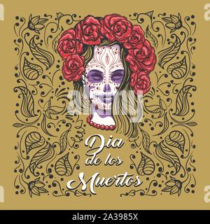 Le Jour des Morts. Femme avec crâne en sucre maquillage sur un fond floral et spnish libellé Dia de los Muertos ce qui signifie le Jour des Morts. Vector Illustration de Vecteur