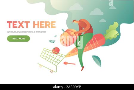 Homme avec panier plein de provisions. isolé sur fond blanc. Vector illustration style de télévision Illustration de Vecteur