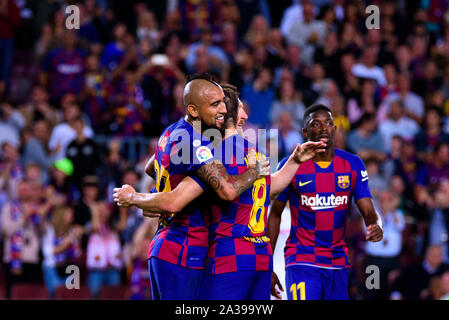 Barcelone, Espagne. 6 octobre, 2019. Les joueurs de Barcelone célébrer un but durant le match de la Liga entre le FC Barcelone et le FC Séville au Camp Nou à Barcelone, Espagne. Crédit : Christian Bertrand/Alamy Live News Banque D'Images