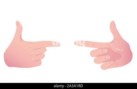 Deux mains facilitent le geste de l'index. Le panneau "gestes montrant Holding Gun et prêt à tirer ou pousser le bouton. Télévision vecteur Concept isolé sur fond blanc. Illustration de Vecteur