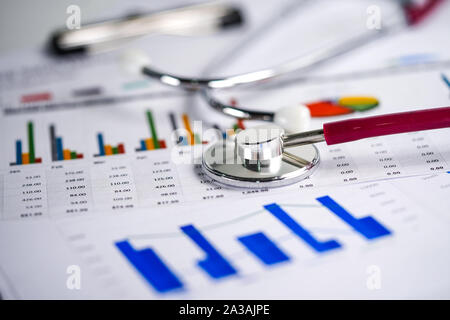 Stéthoscope, diagrammes et graphiques papier feuille, finances, compte, statistiques, investissements, recherche analytique économie données tableur et la coopération des entreprises Banque D'Images