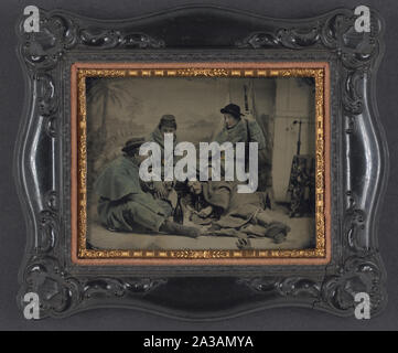 Le sergent Cornelius C. Moore de la société B, 100e New York bénévoles, un sergent de la 39e Régiment de l'Illinois, un caporal du 106e New York, bénévoles et d'une salle du 11e Régiment du Vermont en scène pose devant le camp de toile peinte montrant camp militaire Banque D'Images