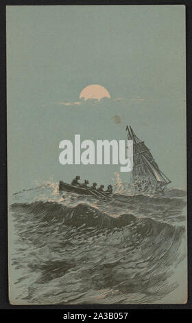 Navire en mer, toutes voiles dehors, avec cinq hommes dans une barque sous une pleine lune partiellement obscurci Banque D'Images