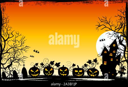 Soir de l'Halloween. Les citrouilles, château, silhouettes d'arbres, herbe, épouvantail, cimetière sur un fond coucher de soleil. Arrière-plan de l'Halloween. Illustration de Vecteur