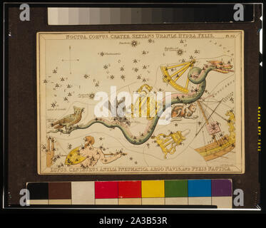 Noctua, Corvus, cratère, Sextans Uraniae, Hydra, Felis, lupus, Centaurus, Antlia Pneumatica, Argo Navis, et Pyxis Nautica, la plaque 32 dans miroir de l'Urania, un ensemble de cartes célestes accompagnés d'un traité d'astronomie ... par Josaphat Aspin. Londres. Tableau astronomique, 1 couches d'impression sur paper board : gravure, colorées à la main. ; Banque D'Images