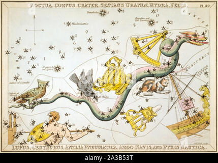 Sidney Hall - Urania's Mirror - Corvus, Noctua, cratère, Sextans Uraniae, Hydra, Felis, lupus, Centaurus, Antlia Pneumatica, Argo Navis, et Pyxis Nautica Banque D'Images