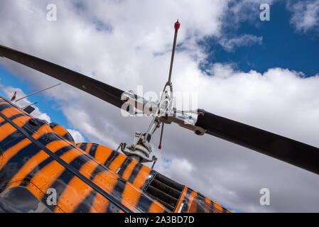 Vryheid, Afrique du Sud, 1er octobre 2019. Un hélicoptère Huey Bell avec un travail de peinture personnalisé motif tigre est prête pour l'action au cours de la saison de lutte contre les incendies dans la région de Vryheid, Afrique du Sud. Bell hélicoptères Huey sont un modèle développé pour les militaires américains et largement utilisés pendant et après la guerre du Vietnam. Banque D'Images