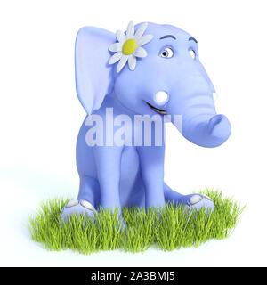 Le rendu 3D d'un dessin animé bleu mignon bébé éléphant assis et souriant portant une fleur et à très heureux. Arrière-plan blanc. Banque D'Images