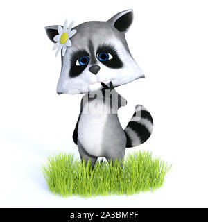 Le rendu 3D d'un cartoon raccon standing and smiling portant une fleur et à très mignon. Arrière-plan blanc. Banque D'Images