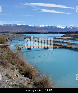 Salmon Farm & Montagne sur le lac Ruataniwha en Central Otago, Nouvelle-Zélande Banque D'Images