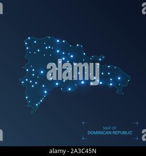 République dominicaine carte avec les villes. Points lumineux - néons sur fond sombre. Vector illustration. Illustration de Vecteur