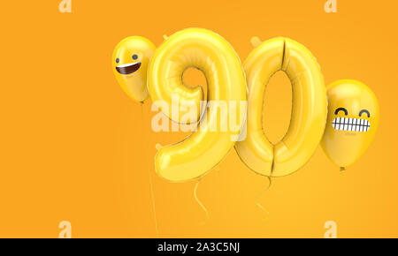 90 anniversaire ballloon avec plusieurs visages emoji ballons. 3D Render Banque D'Images