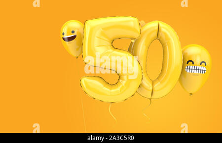 50 anniversaire ballloon avec plusieurs visages emoji ballons. 3D Render Banque D'Images