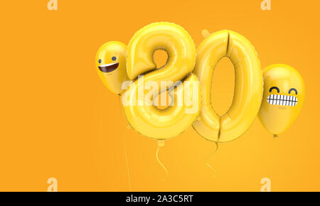 80 anniversaire ballloon avec plusieurs visages emoji ballons. 3D Render Banque D'Images