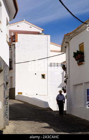 Vieil homme avec les bâtons de marche marche à travers El Borge dans la Axarquía, Málaga, Andalousie, Costa del Sol, Espagne Banque D'Images