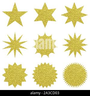 Collection d'étoiles d'or à la mode des formes. Définir des éléments de conception sunburst . Rayons d'éclatement de l'article clip Gold sparkles. Meilleure vente de sticker, étiquette de prix, signe de qualité. L'étoile de Noël. Illustration de Vecteur