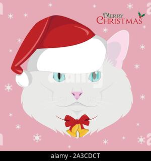 Carte de vœux de Noël. Chat Angora Turc avec rouge Santa's hat et un ornement de Noël Illustration de Vecteur