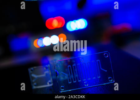 Dispositif microfluidique Instrument qui utilise des micro-quantités de fluide sur une puce de faire certaines analyses de laboratoire. Banque D'Images