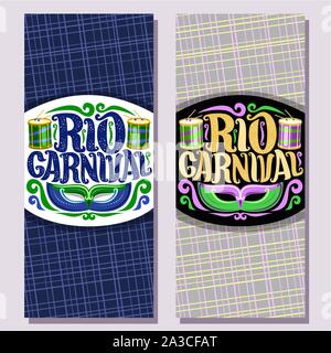 Bannières verticales vecteur pour carnaval de Rio, inviter des billets avec masque brésilien d'origine de la police pour le texte, Carnaval de Rio, de la batterie avec des bâtons pour samba parade, Illustration de Vecteur