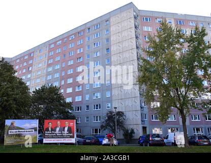 Erfurt, Allemagne. 07Th Oct, 2019. Des affiches électorales se tenir en face d'un bâtiment préfabriqué. Thuringe élira un nouveau parlement le 27 octobre. Crédit : Martin Schutt/dpa-Zentralbild/dpa/Alamy Live News Banque D'Images