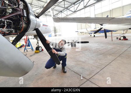 Les travailleurs de l'aéroport un avion pour contrôler la sécurité dans un hangar Banque D'Images