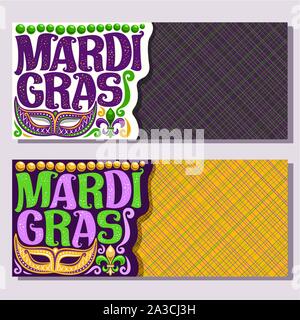 Bannières vecteur pour carnaval Mardi Gras, inviter des billets avec purple masque de Venise, pour l'origine de la police texte fête mardi gras sur jaune, fleur de lis & Illustration de Vecteur