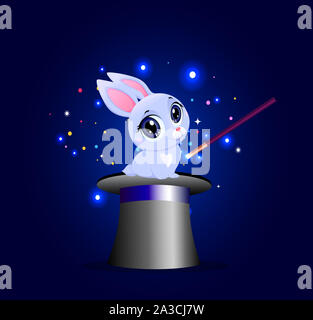 Bunny en chapeau magique avec baguette sur fond bleu bougies scintillantes. Lapin mignon assis sur le haut du cylindre magicien hat. Affiche de cirque, bannière, concept avec Banque D'Images