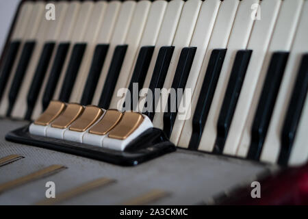 Ancienne accordéon, touches blanches et noires pour jouer des œuvres musicales. Instrument de musique, le style de vie de musicien. Banque D'Images