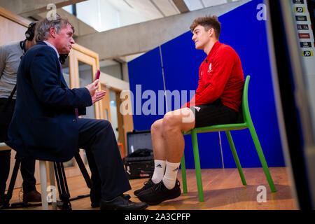 Cardiff, Wales, UK, 7 octobre 2019. Joueur de l'équipe nationale de football du Pays de Galles Daniel James lors d'une session de support à St Fagans Musée National d'histoire de l'avant des matches contre la Slovaquie et la Croatie. Credit : Mark Hawkins/Alamy Live News Banque D'Images